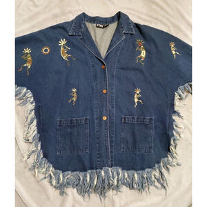Vintage Y2K 90's PTNY Denim Boho Fringed Denim Jacket Embroidery Coat Size 1X